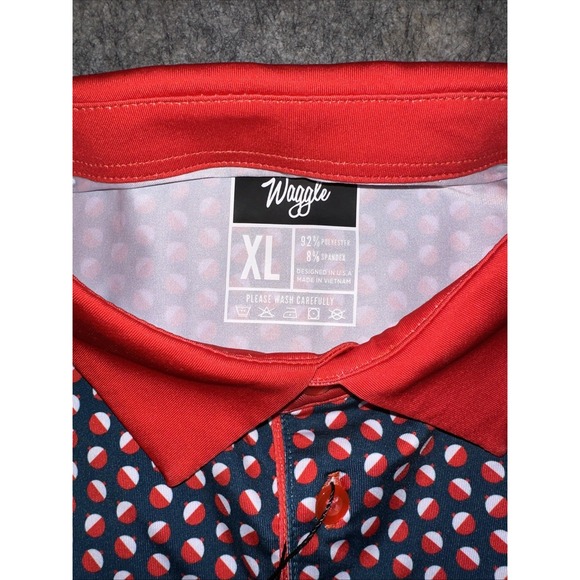 Waggle Mens Bobby Golf Polo Size XL with all over Red Bobbers print Blue-(005-6) - Picture 2 of 6